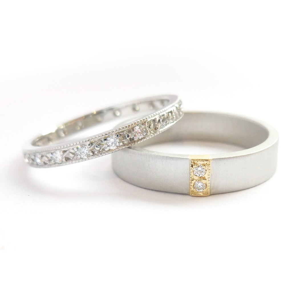 modern handmade 2 diamond wedding ring two tone in platinum and gold with a brushed or polished finish. 