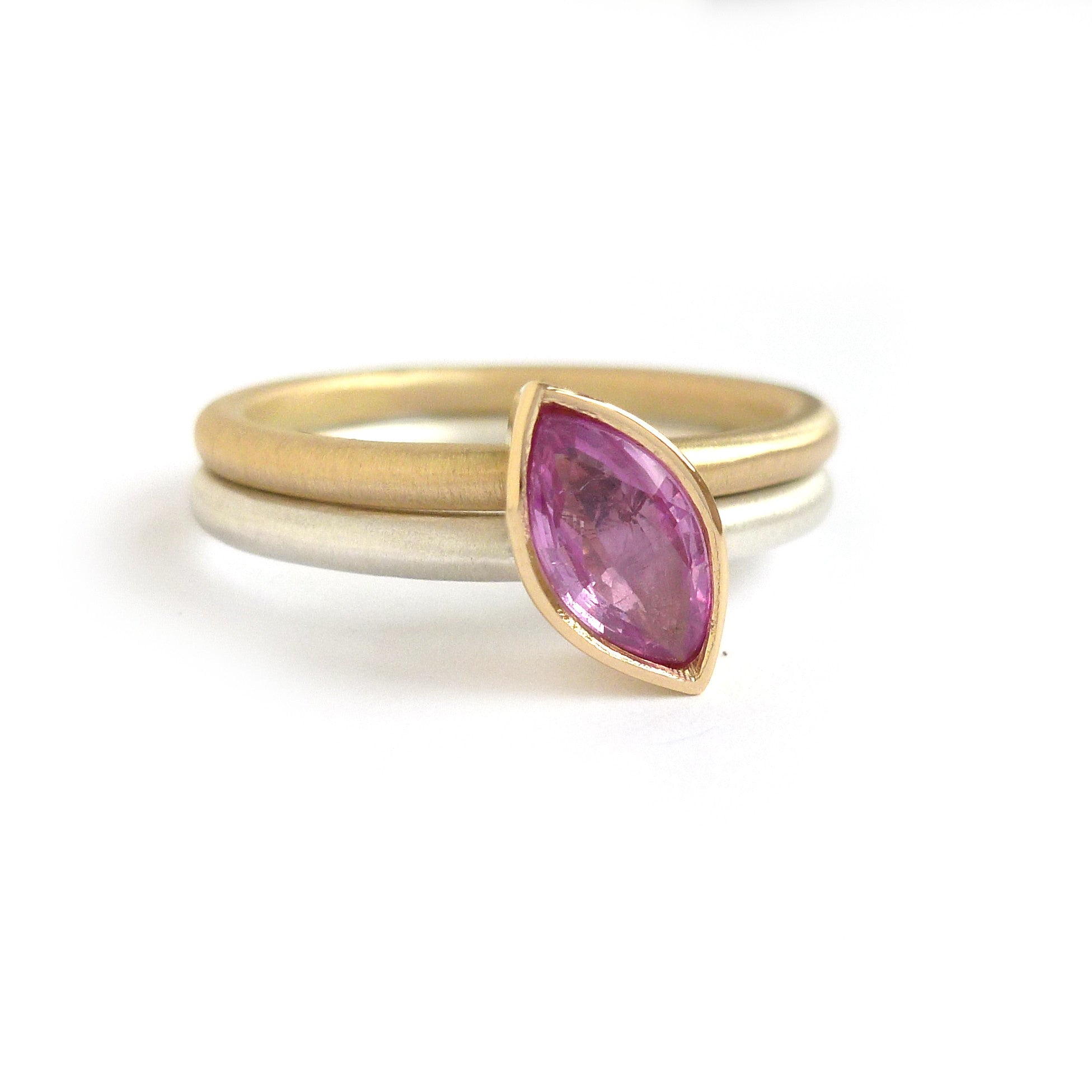 Bespoke silver and gold stacking ring. Green tourmaline and pink sapphire make a stunning ringset by designer and maker Sue Lane. Statement dress ring!