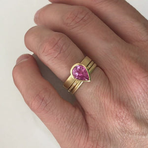 Pink-pear-shape-sapphire-and-diamond-stacking-interlocking treble-band-18ct-yellow-gold-contemporary-ringset-ring