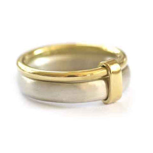 Unusual, unique, bespoke and modern three band stacking ring in silver and gold. Handmade by Sue Lane Jewellery in Herefordshire, UK. Unique wedding ring.
