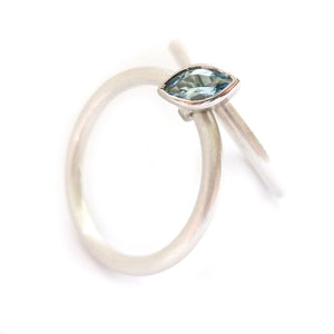 unusual, modern and bespoke wedding and engagement ring, stacking aquamarine ring handmade by Sue Lane Jewellery in the UK