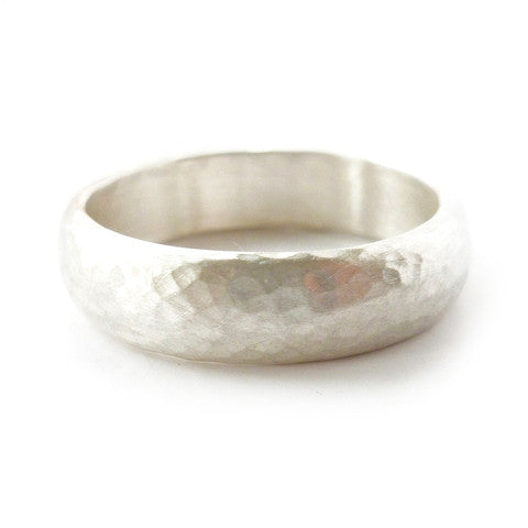 Contemporary, unique, bespoke and modern hammered silver mens wedding ring, engagement ring, matt brushed finish. Handmade by Sue Lane jewellery, UK