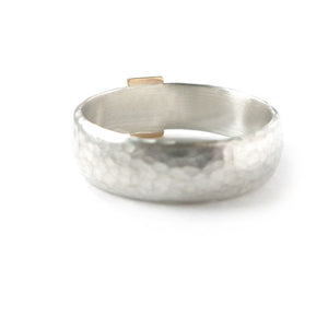 Unusual, unique, bespoke and modern men’s hammered wedding ring in silver and rose gold. Matt / brushed finish. Handmade by Sue Lane Jewellery in Herefordshire
