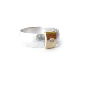 Contemporary and modern silver and 18k rose, yellow gold and diamond handmade ring with a brushed finish by Sue Lane jewellery. Men's wedding ring.