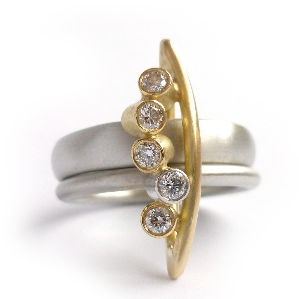 modern platinum and gold dress ring with diamonds by UK designer and maker Sue Lane 