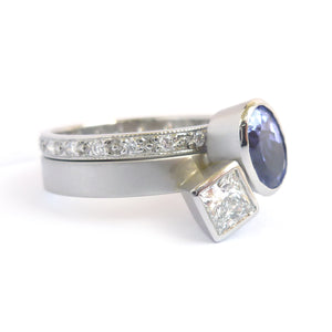 Platinum and tanzanite two band stacking ring set - contemporary, modern, bespoke and unique - interlocking.
