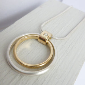 Unique Handmade Circle Silver 18ct Gold and Diamond Necklace