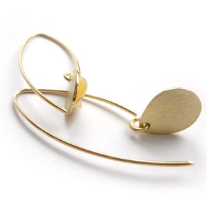 Modern unique leaf hook earrings in yellow gold handmade with a brushed finish