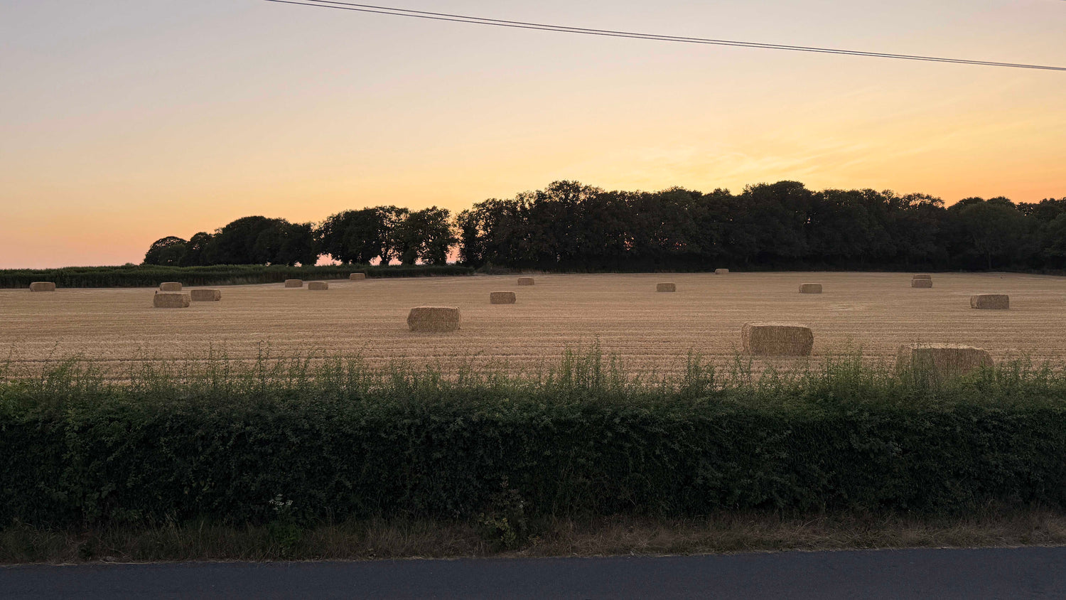 Hay bales in a field with the sun setting.
