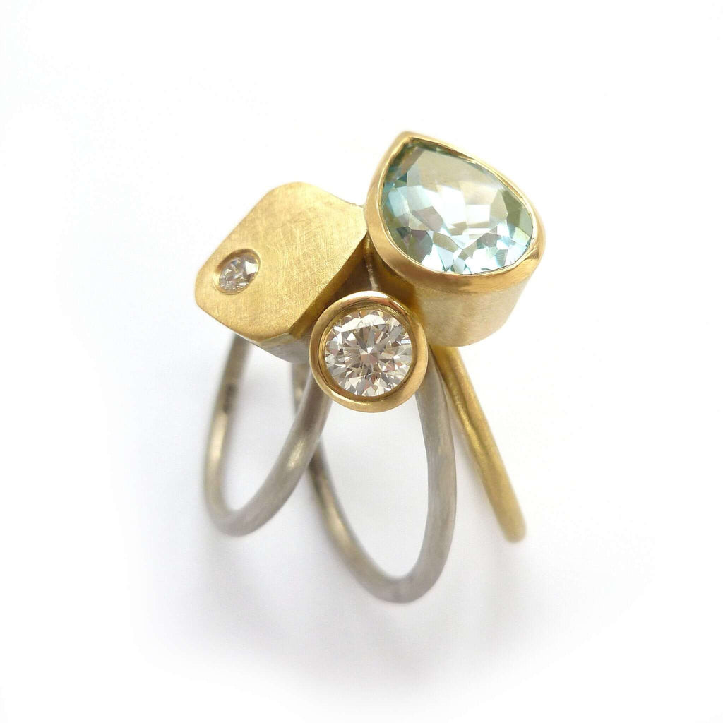 Unique, bespoke and contemporary aquamarine and diamond ring