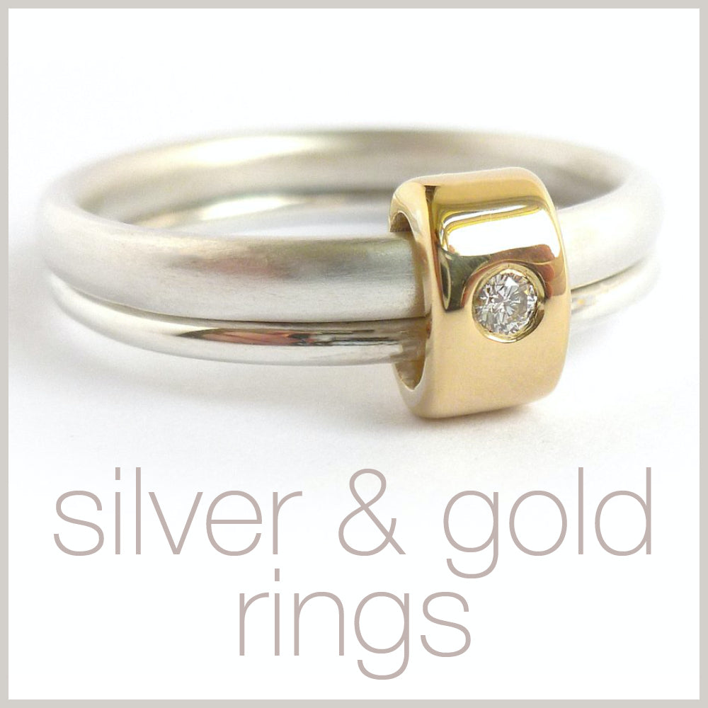 Contemporary jewellery remodelling commissioning silver and gold rings