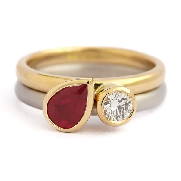 Luxury 18ct yellow gold and platinum diamond and ruby ring set, contemporary and bespoke, handmade by Sue Lane Jewellery in the UK