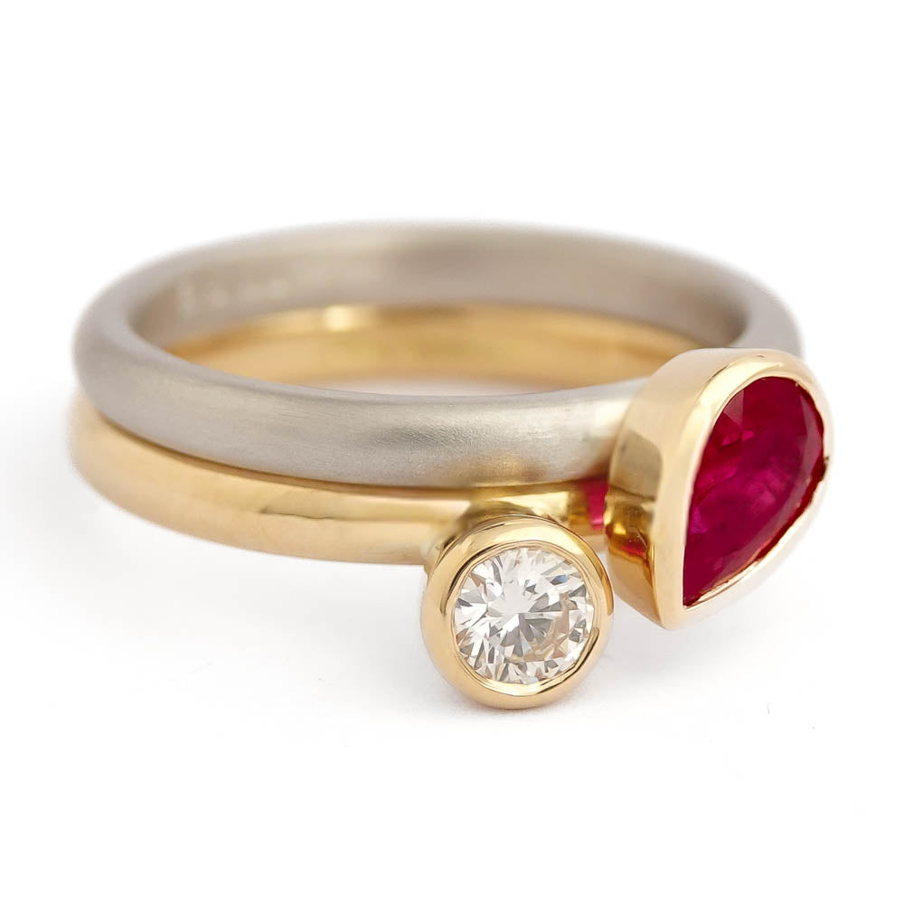18ct yellow gold and platinum diamond and ruby ring set, contemporary and bespoke, handmade by Sue Lane Jewellery in the UK