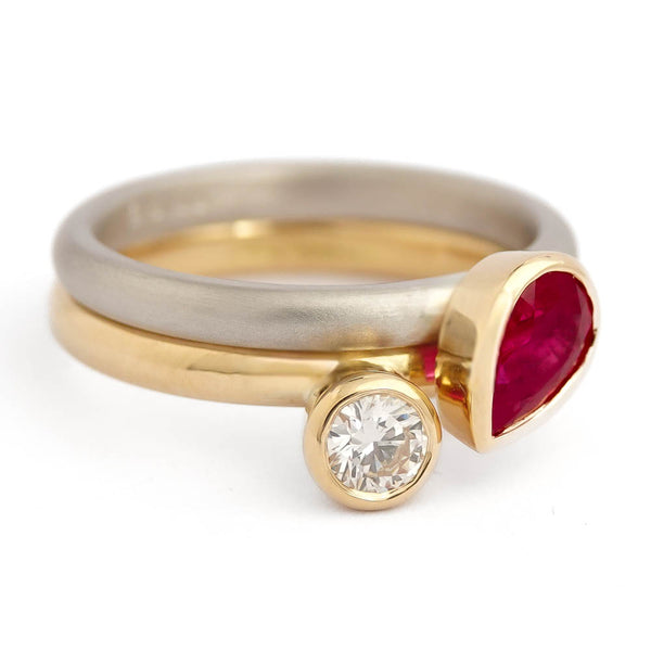 18ct yellow gold and platinum diamond and ruby ring set, contemporary and bespoke, handmade by Sue Lane Jewellery in the UK