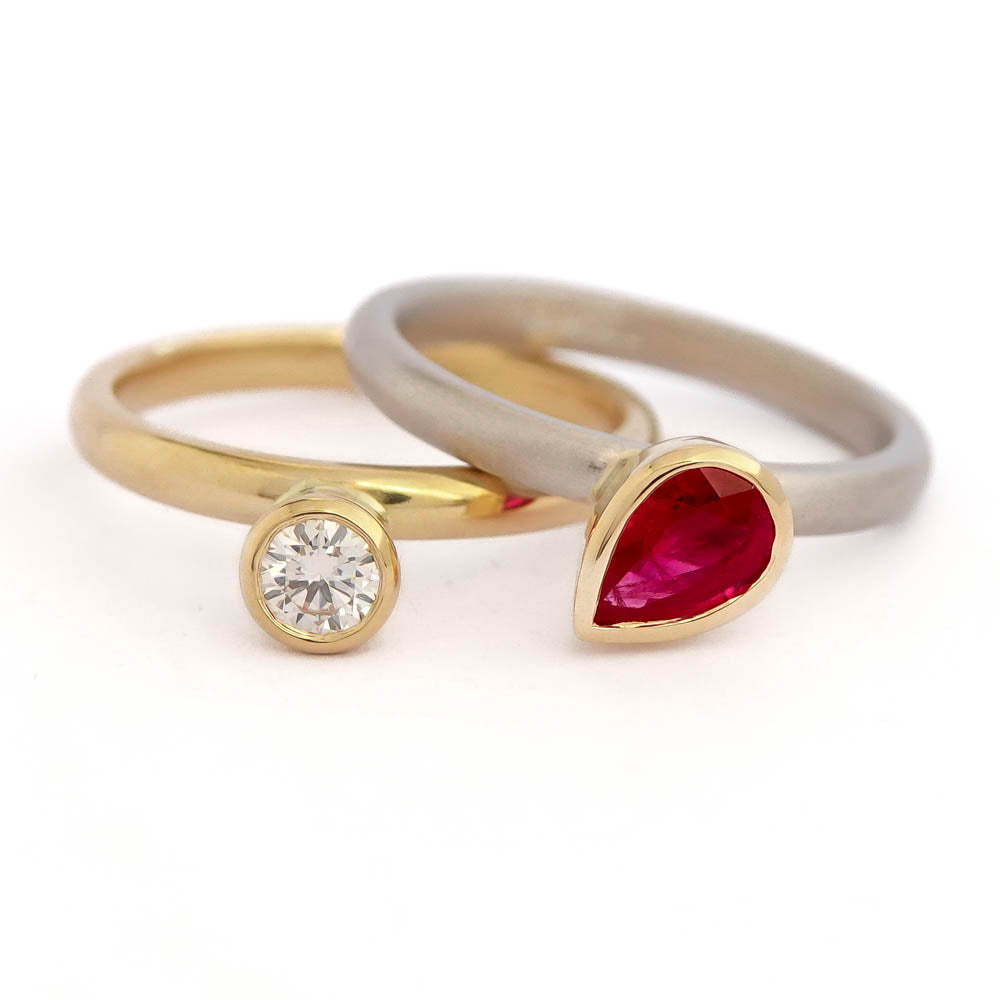 18ct yellow gold and platinum diamond and ruby ring set, contemporary and bespoke, handmade by Sue Lane Jewellery in the UK