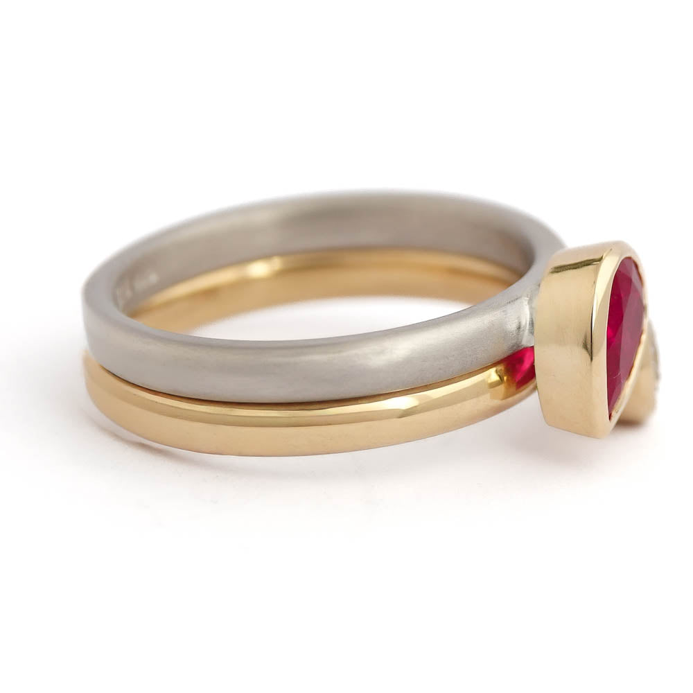 18ct yellow gold and platinum diamond and ruby ring set, contemporary and bespoke, handmade by Sue Lane Jewellery in the UK