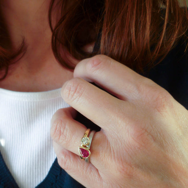 18ct yellow gold and platinum diamond and ruby ring set, contemporary and bespoke, handmade by Sue Lane Jewellery in the UK
