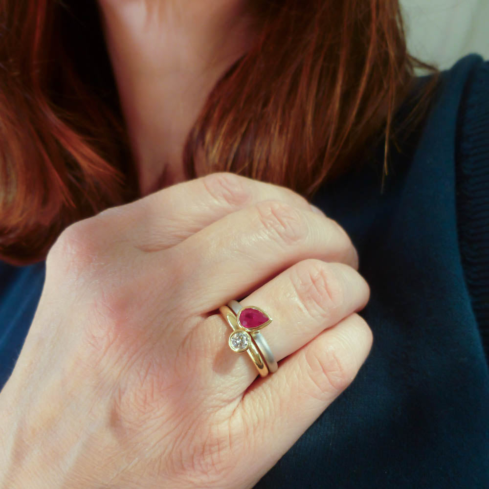 18ct yellow gold and platinum diamond and ruby ring set, contemporary and bespoke, handmade by Sue Lane Jewellery in the UK
