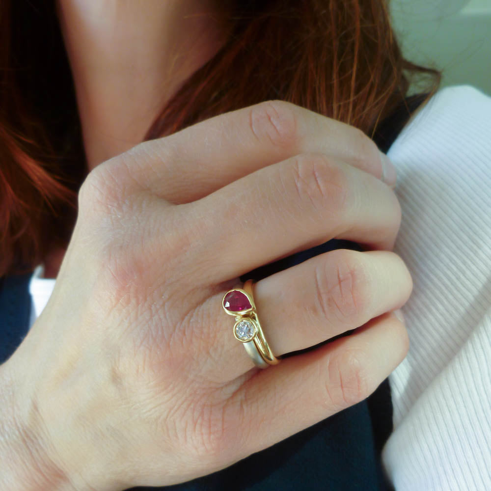 18ct yellow gold and platinum diamond and ruby ring set, contemporary and bespoke, handmade by Sue Lane Jewellery in the UK
