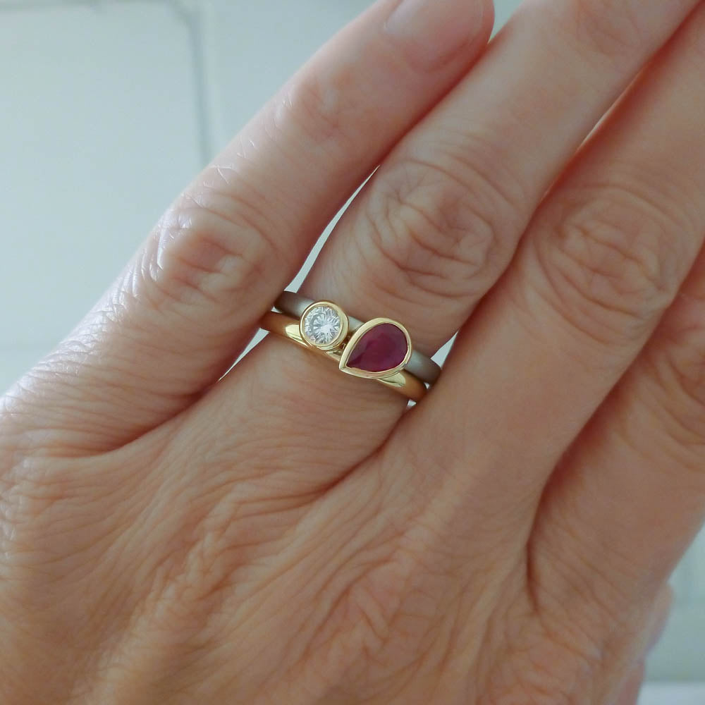 18ct yellow gold and platinum diamond and ruby ring set, contemporary and bespoke, handmade by Sue Lane Jewellery in the UK