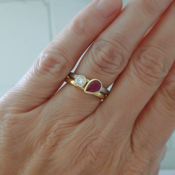 18ct yellow gold and platinum diamond and ruby ring set, contemporary and bespoke, handmade by Sue Lane Jewellery in the UK