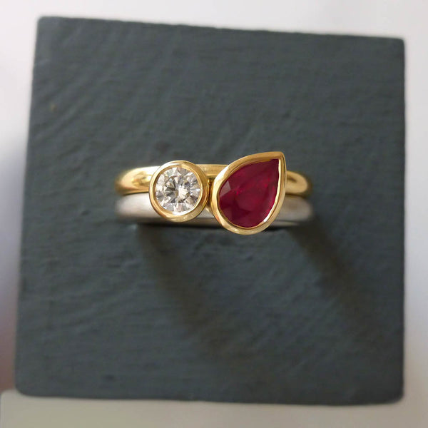 18ct yellow gold and platinum diamond and ruby ring set, contemporary and bespoke, handmade by Sue Lane Jewellery in the UK