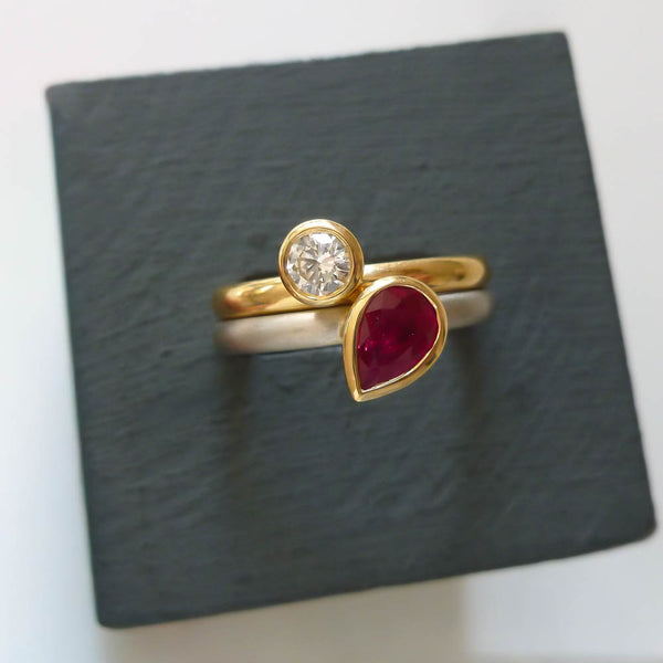 18ct yellow gold and platinum diamond and ruby ring set, contemporary and bespoke, handmade by Sue Lane Jewellery in the UK