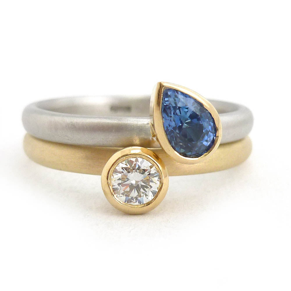 18ct yellow gold and platinum diamond and ruby ring set, contemporary and bespoke, handmade by Sue Lane Jewellery in the UK.