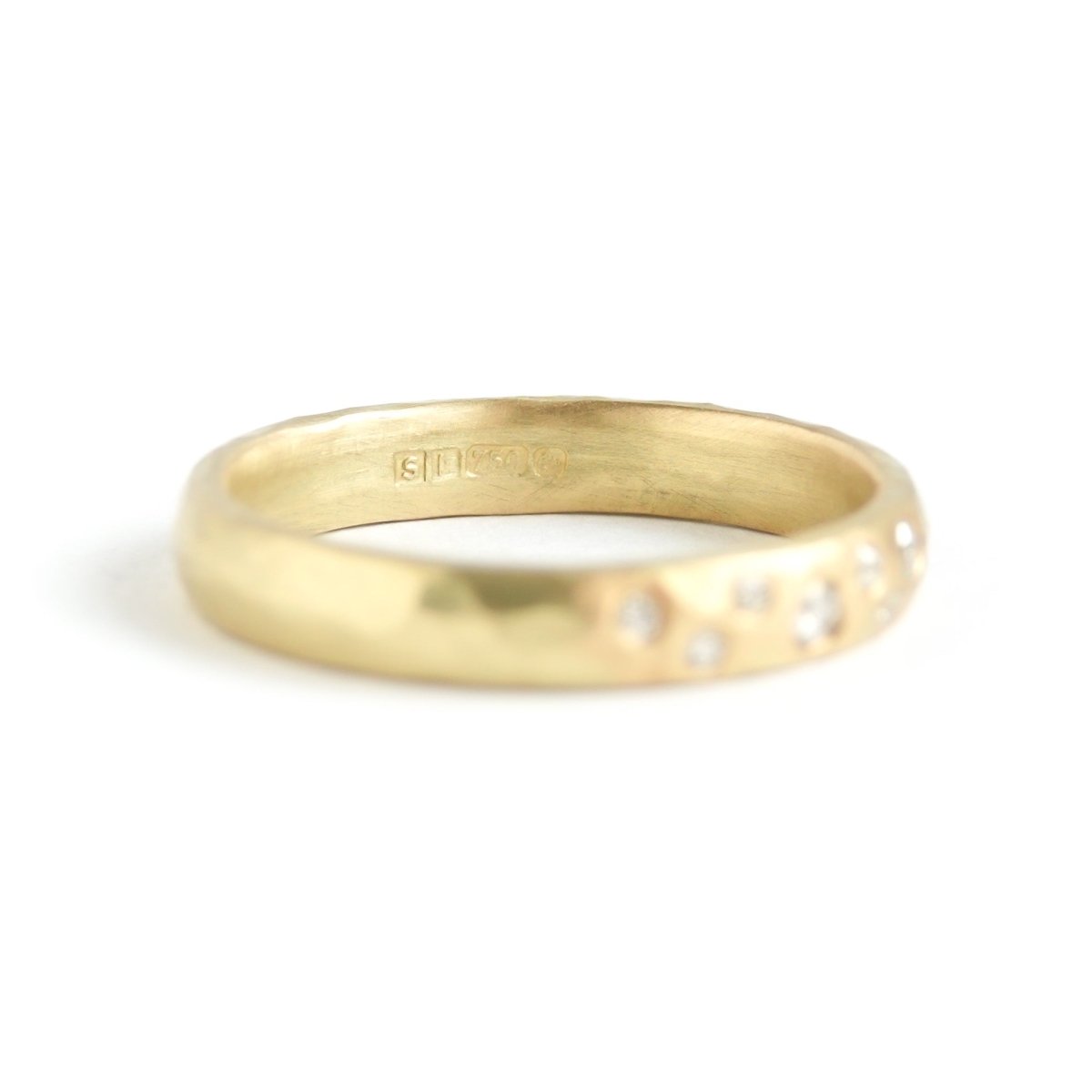 18ct gold diamond eternity ring with a hammered textured Sue Lane contemporary bespoke handmade