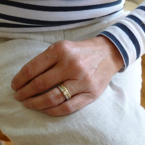 18ct gold diamond eternity ring with a hammered textured Sue Lane contemporary bespoke handmade