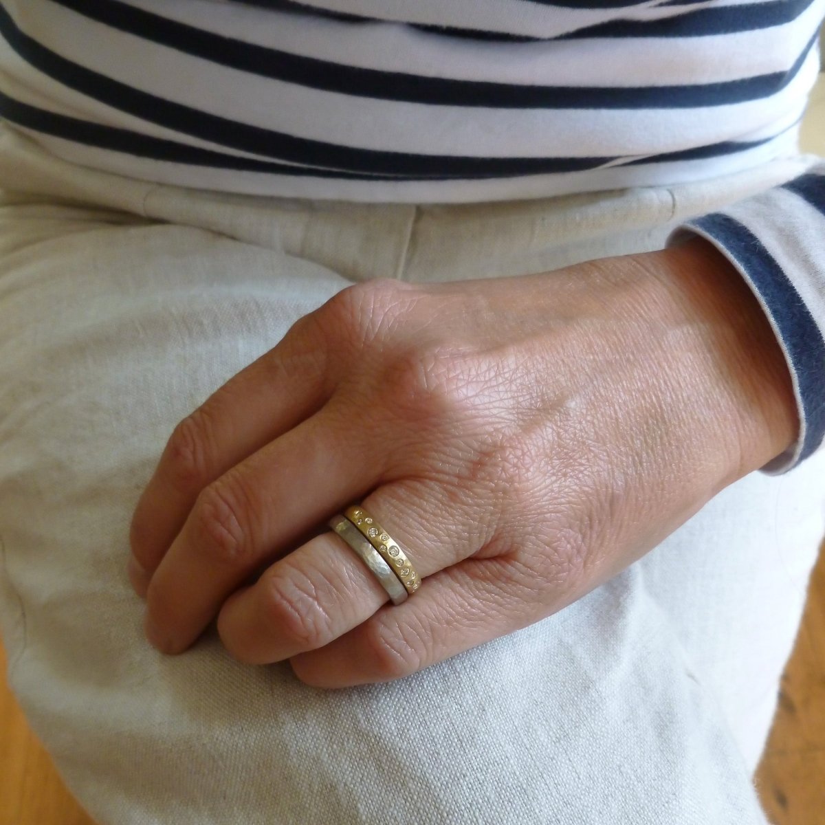 18ct gold diamond eternity ring with a hammered textured Sue Lane contemporary bespoke handmade