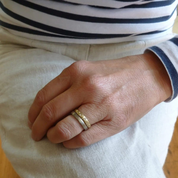 18ct gold diamond eternity ring with a hammered textured Sue Lane contemporary bespoke handmade