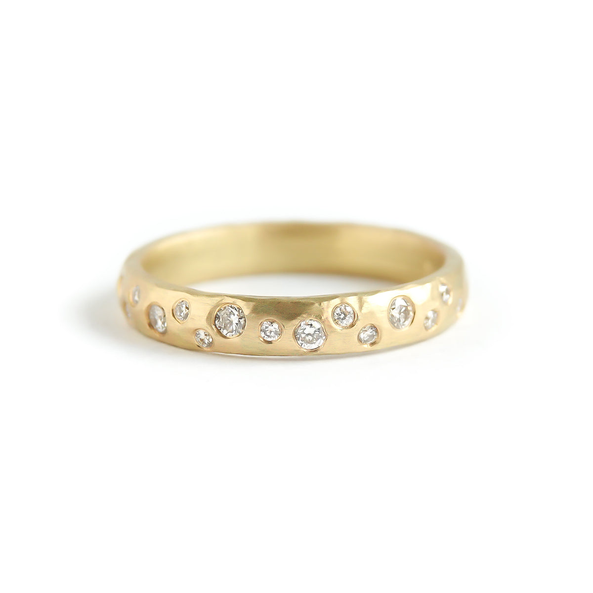 18ct gold diamond eternity ring with a hammered textured Sue Lane contemporary bespoke handmade