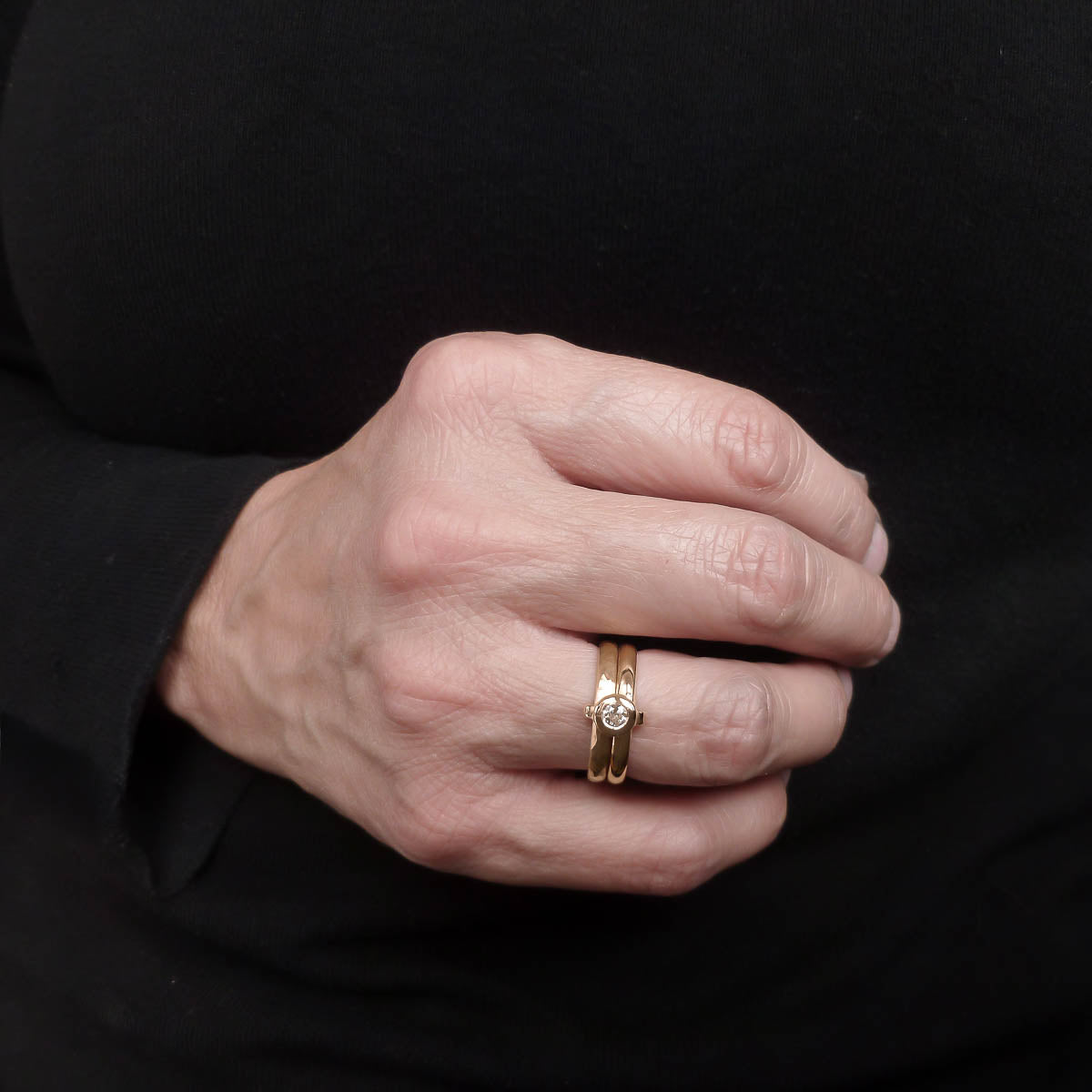 Contemporary 9ct yellow gold double band linked ring with diamond, handmade by Sue Lane Jewellery in Herefordshire, UK.