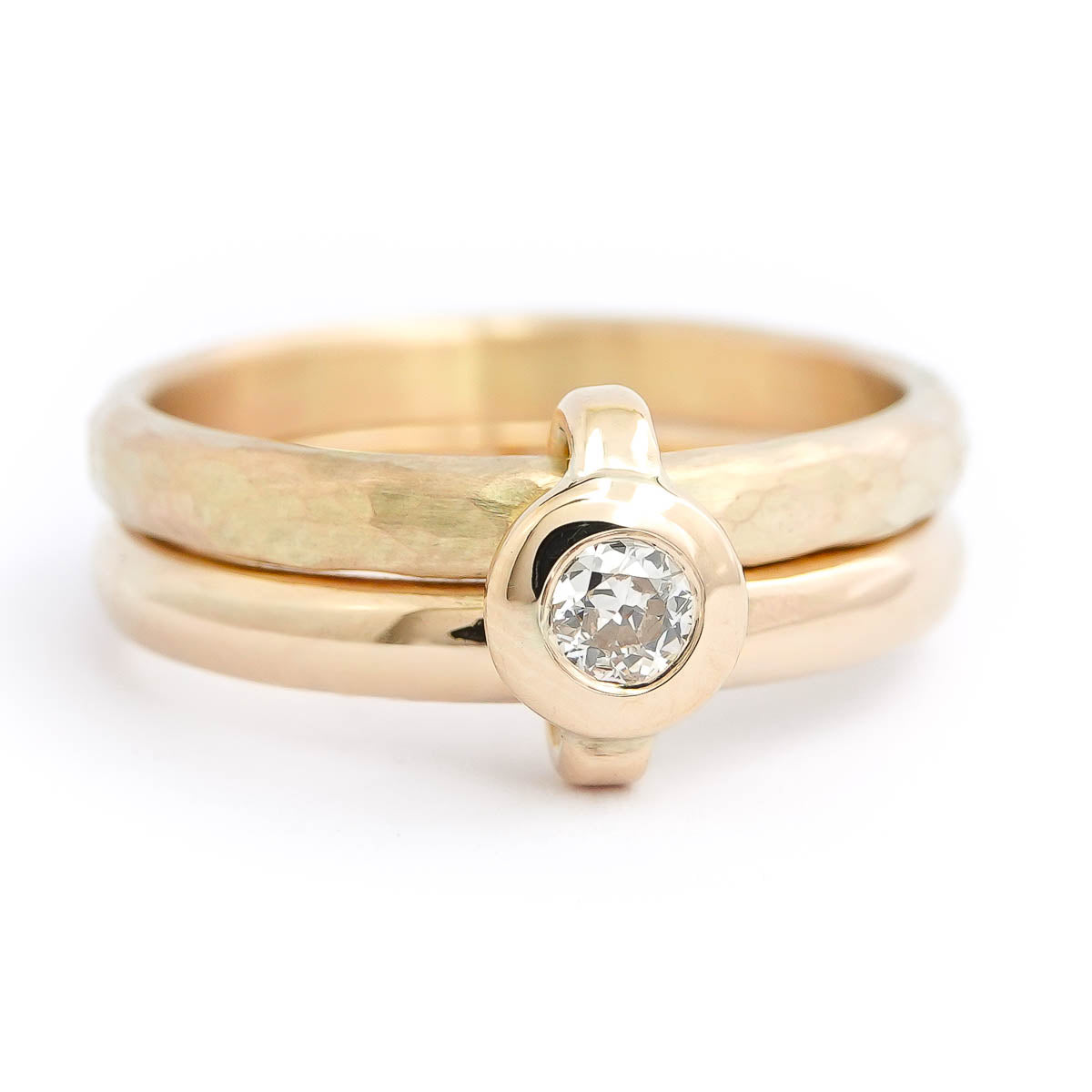 Contemporary 9ct yellow gold double band linked ring with diamond, handmade by Sue Lane Jewellery in Herefordshire, UK.