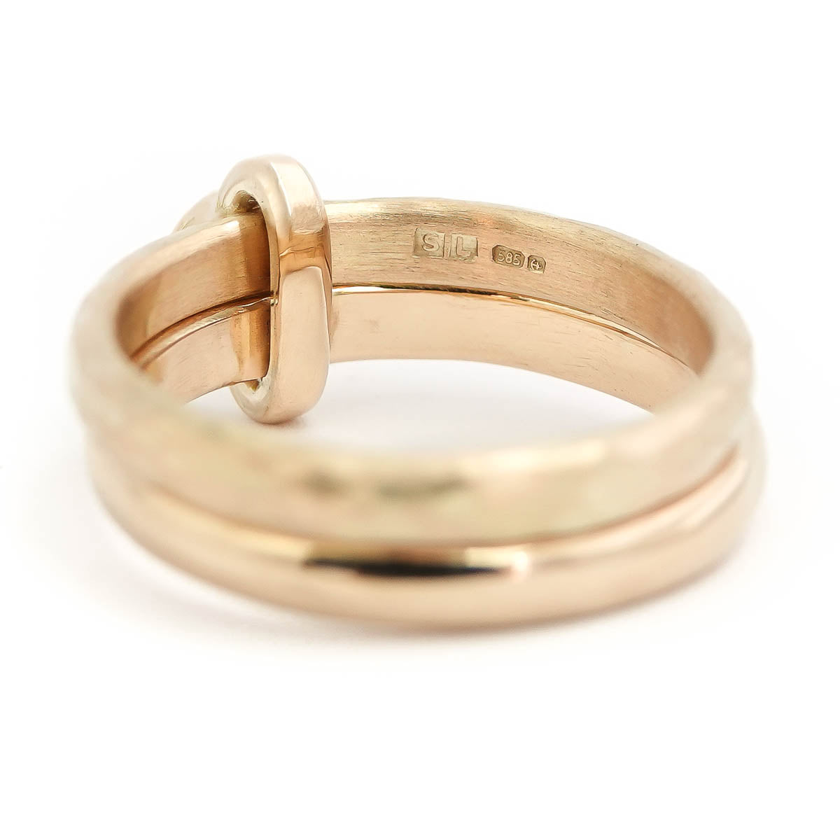 Contemporary 9ct yellow gold double band linked ring with diamond, handmade by Sue Lane Jewellery in Herefordshire, UK.
