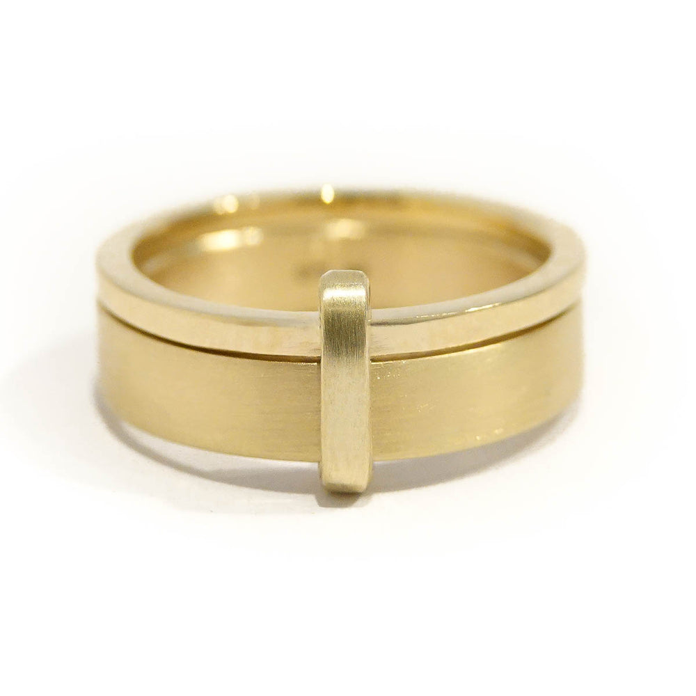 Contemporary bespoke two flat band linked 9ct yellow gold ring, handmade by Sue Lane Jewellery