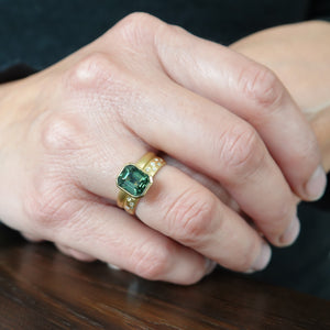 Bespoke contemporary handmade unique and beautiful green sapphire 18ct gold double band ring Sue Lane