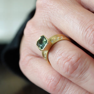 Bespoke contemporary handmade unique and beautiful green sapphire 18ct gold double band ring Sue Lane