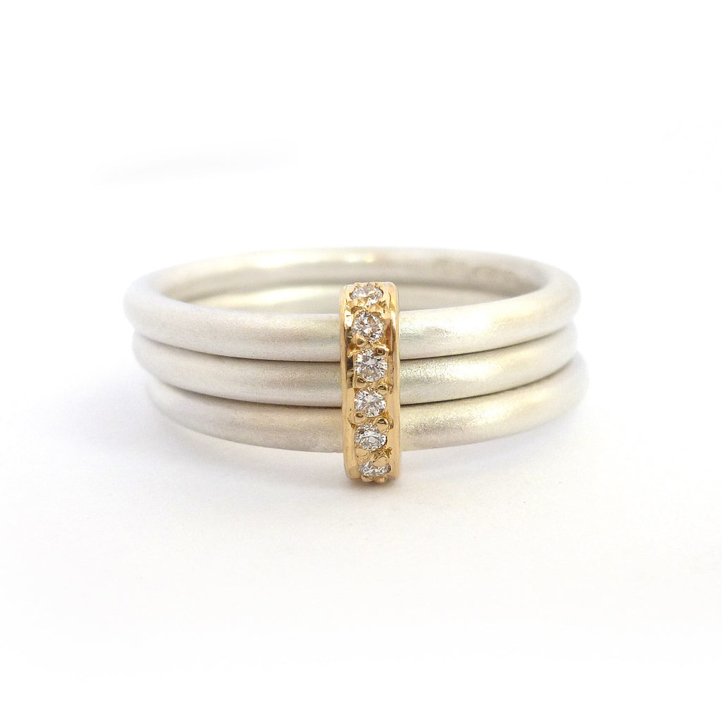 Contemporary bespoke handmade commissioned unique silver gold diamond ring 