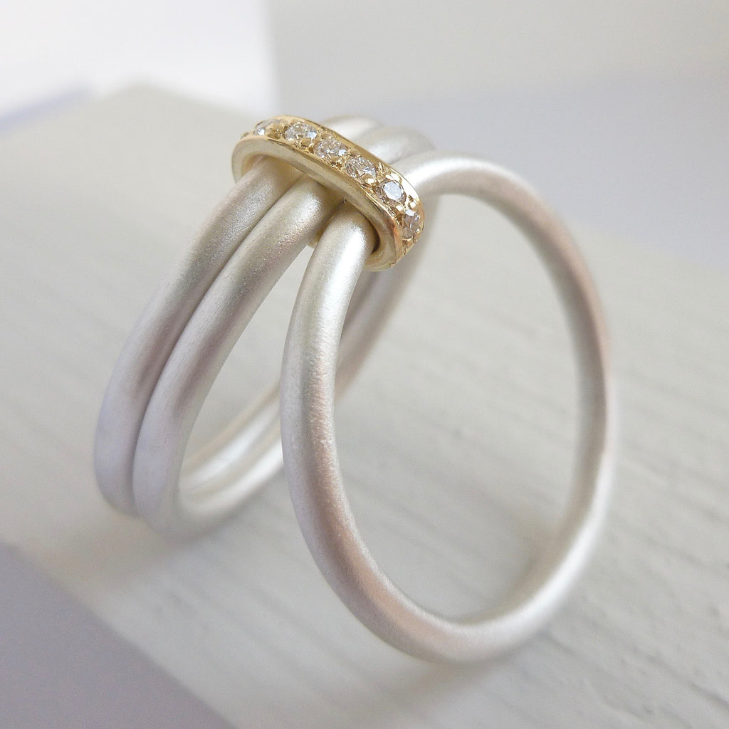 Contemporary bespoke handmade commissioned unique silver gold diamond ring 