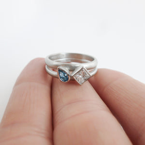 Contemporary diamond and aquamarine platinum dress ring handmade by Sue Lane