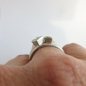 Contemporary diamond and aquamarine platinum dress ring handmade by Sue Lane
