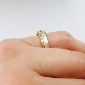 Contemporary modern unique 18ct gold silver diamond two band ring by Sue Lane
