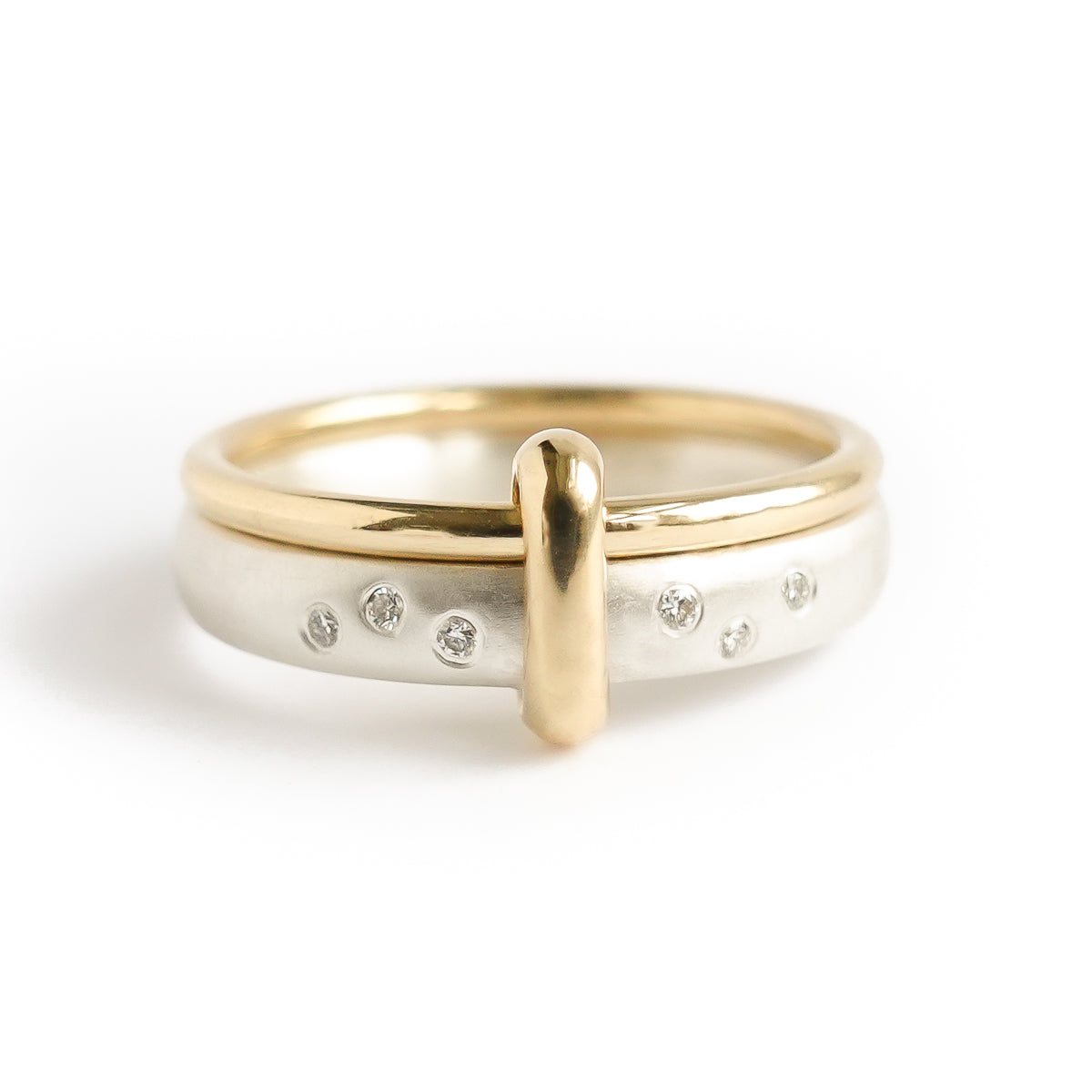 Contemporary modern unique 18ct gold silver diamond two band ring by Sue Lane