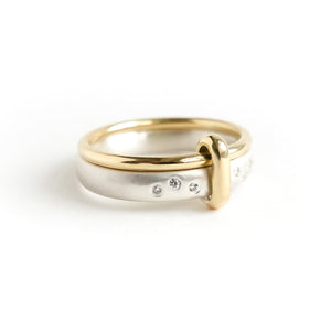 Contemporary modern unique 18ct gold silver diamond two band ring by Sue Lane