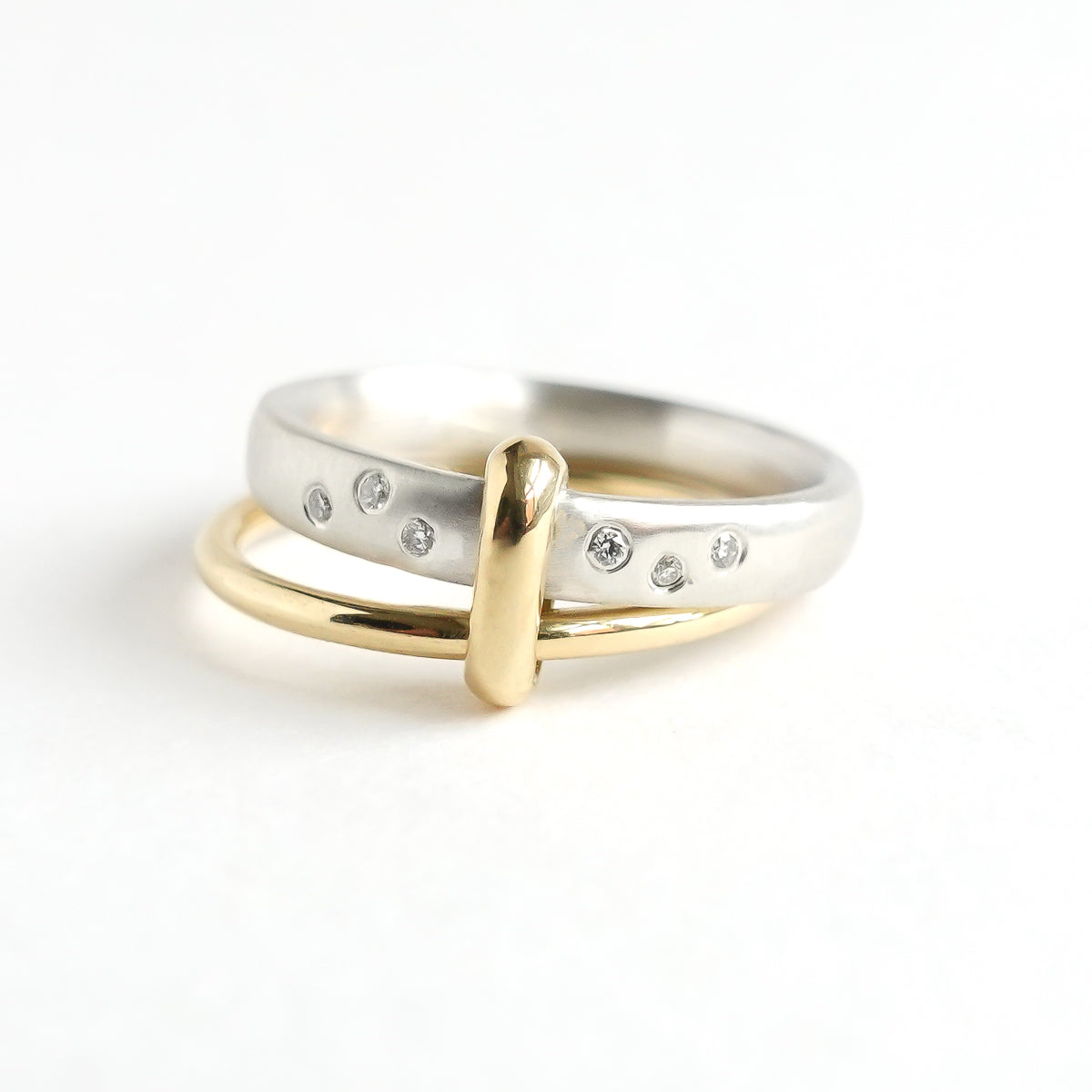 Contemporary modern unique 18ct gold silver diamond two band ring by Sue Lane