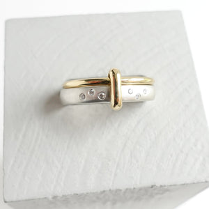 Contemporary modern unique 18ct gold silver diamond two band ring by Sue Lane