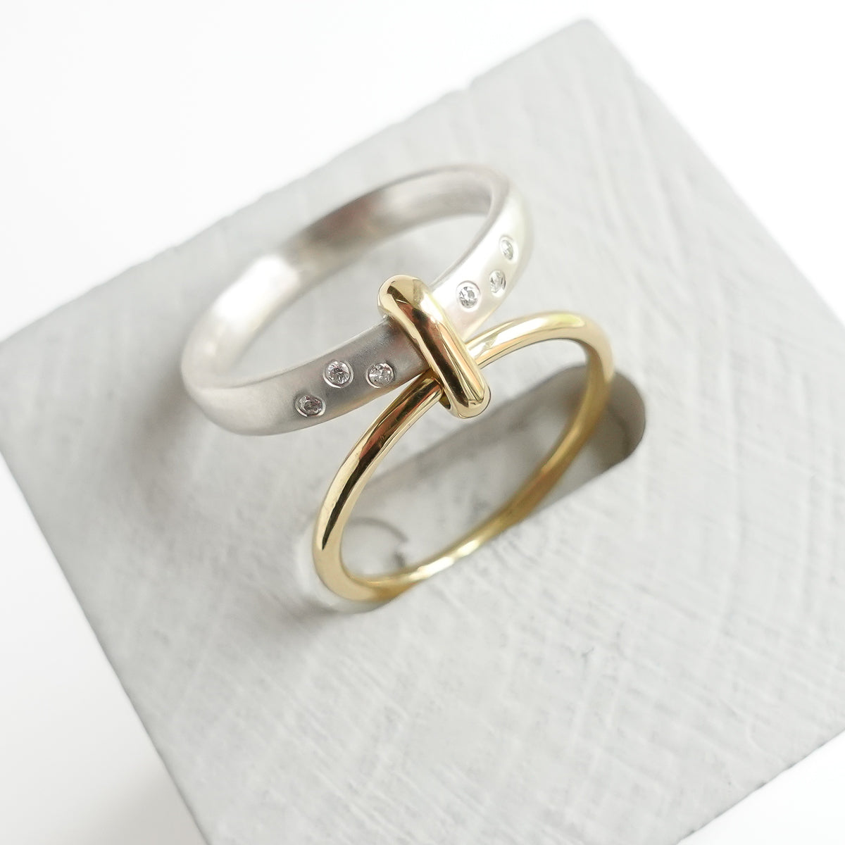 Contemporary modern unique 18ct gold silver diamond two band ring by Sue Lane