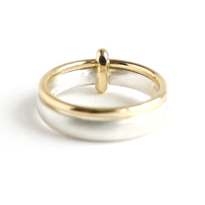 Contemporary modern unique 18ct gold silver diamond two band ring by Sue Lane